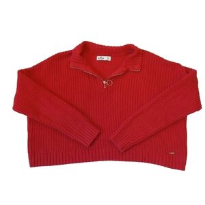 Hollister Crop Sweater Circle Zipper Pull Quarter Zip Ribbed Knit
